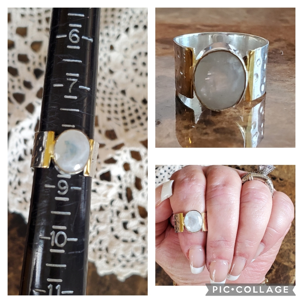 Genuine 7ct Faceted Rainbow Moonstone Ring Size 8 - Picture 8 of 8